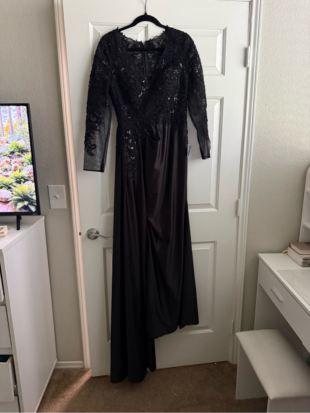 Ladivine Cinderella Divine Black Beaded Lace Satin Gown